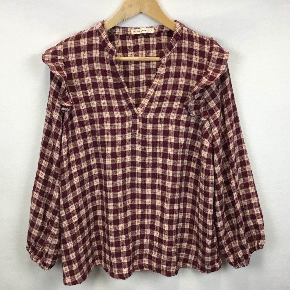 Marine Layer Jamie Ruffle Sleeve Plaid Top Burgundy Cream Size L Preppy Bohemian